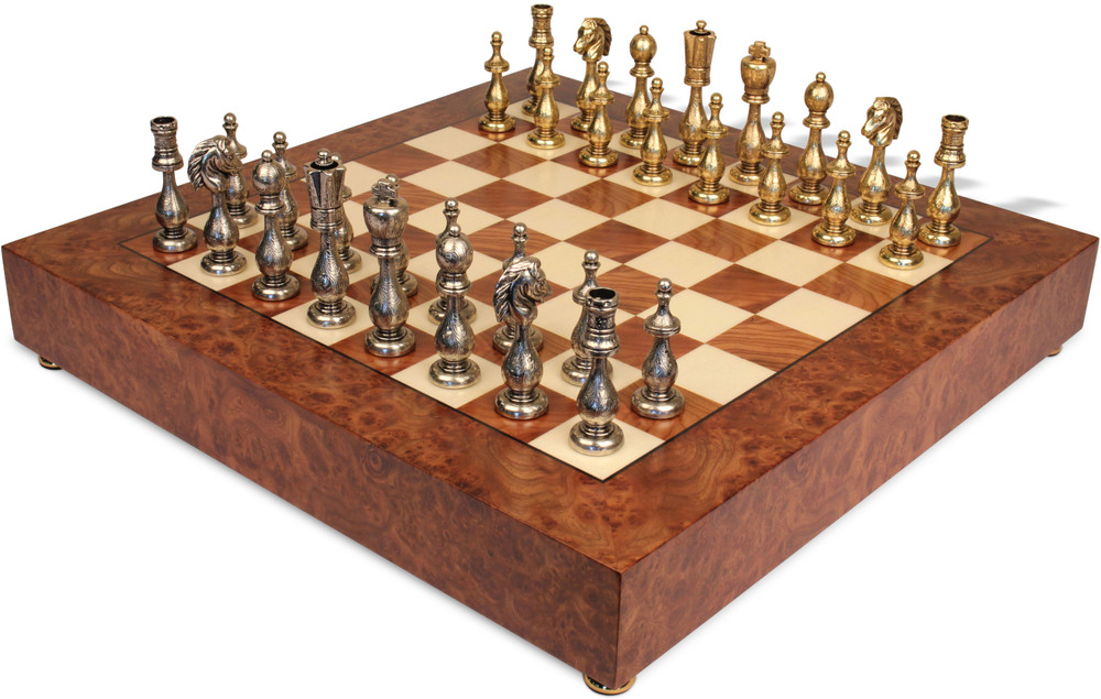 Large Arabesque Contemporary Staunton Metal Chess Set with Elm Briar Chess Case