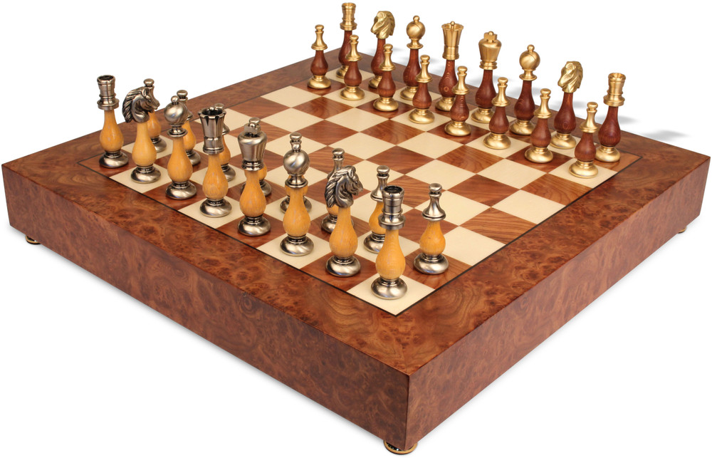 Large Contemporary Staunton Solid Brass & Wood Chess Set with Elm Briar Chess Case