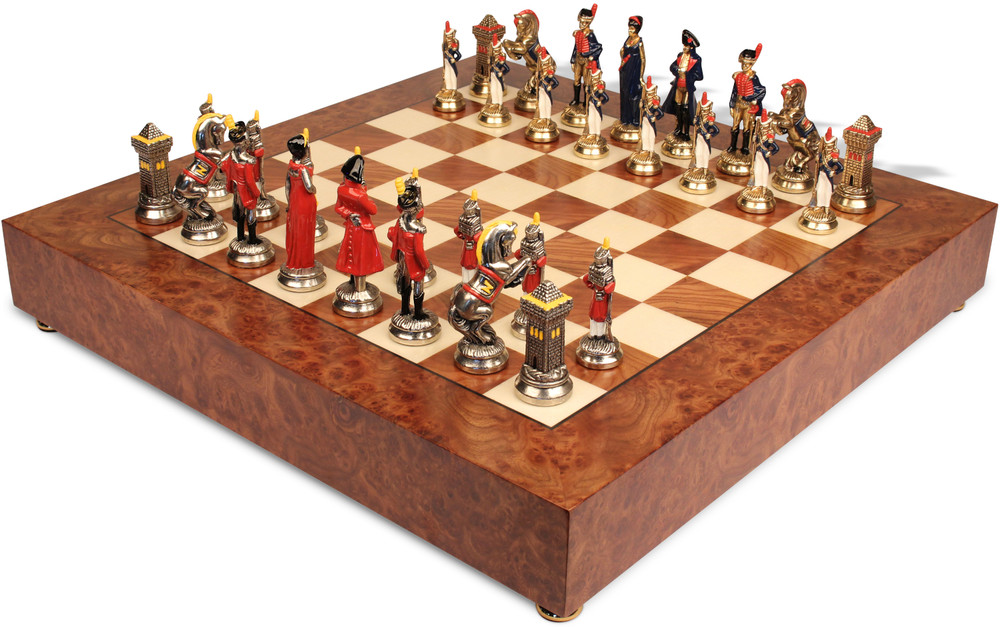 Large Napoleon Theme Hand Painted Metal Chess Set  with Elm Briar Chess Case