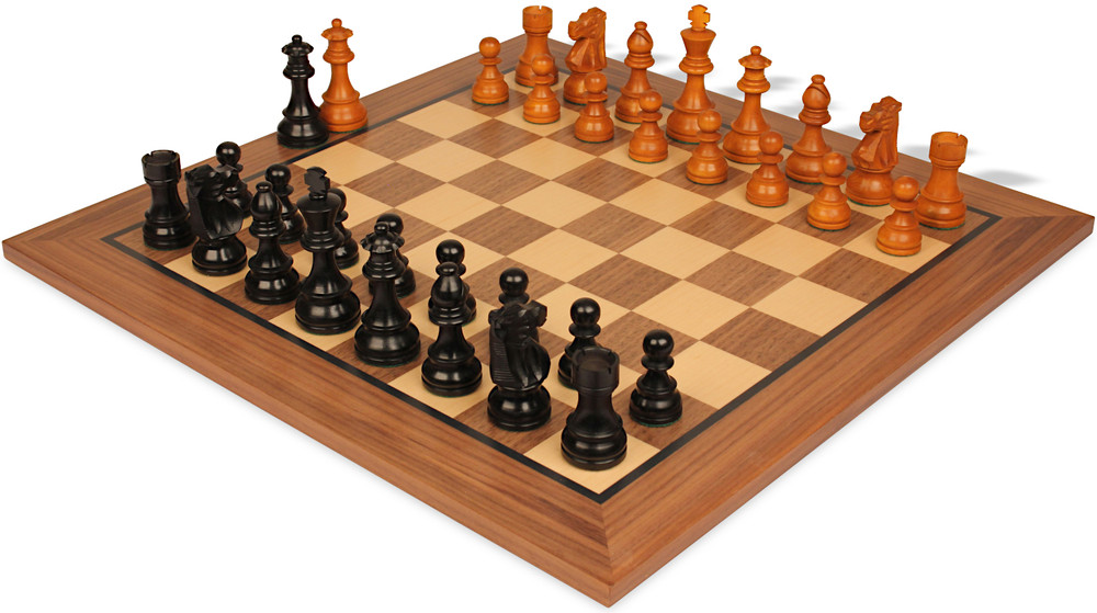 French Lardy Staunton Chess Set Ebonized & Aged Boxwood Pieces with Classic Walnut Board - 3.75" King