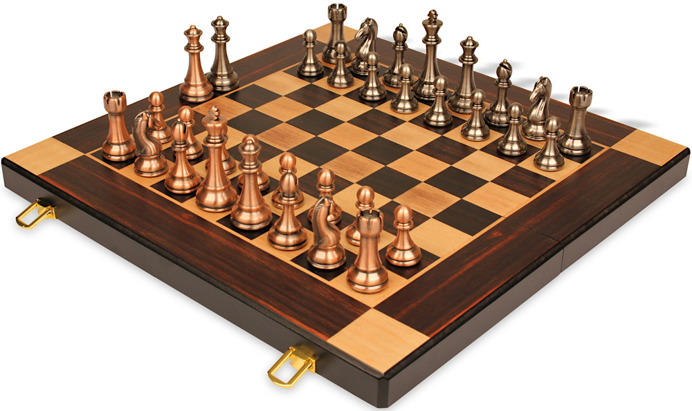 Macassar Ebony Folding Chess Set with Solid Metal Pieces - 14" Board