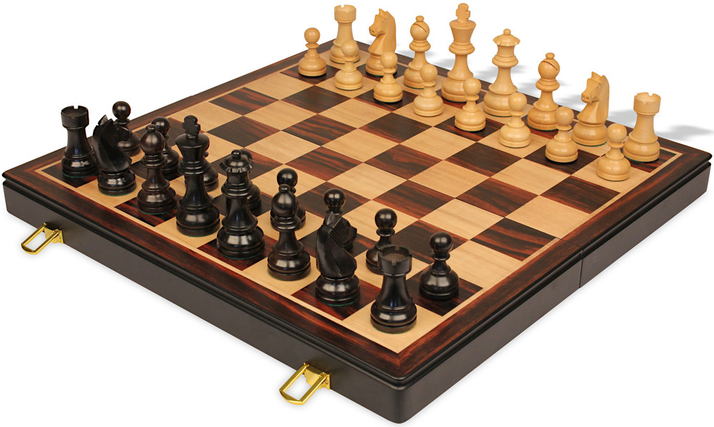 German Knight Staunton Chess Set - Ebonized & Boxwood Pieces - Macassar Folding Case - 3.75" King
