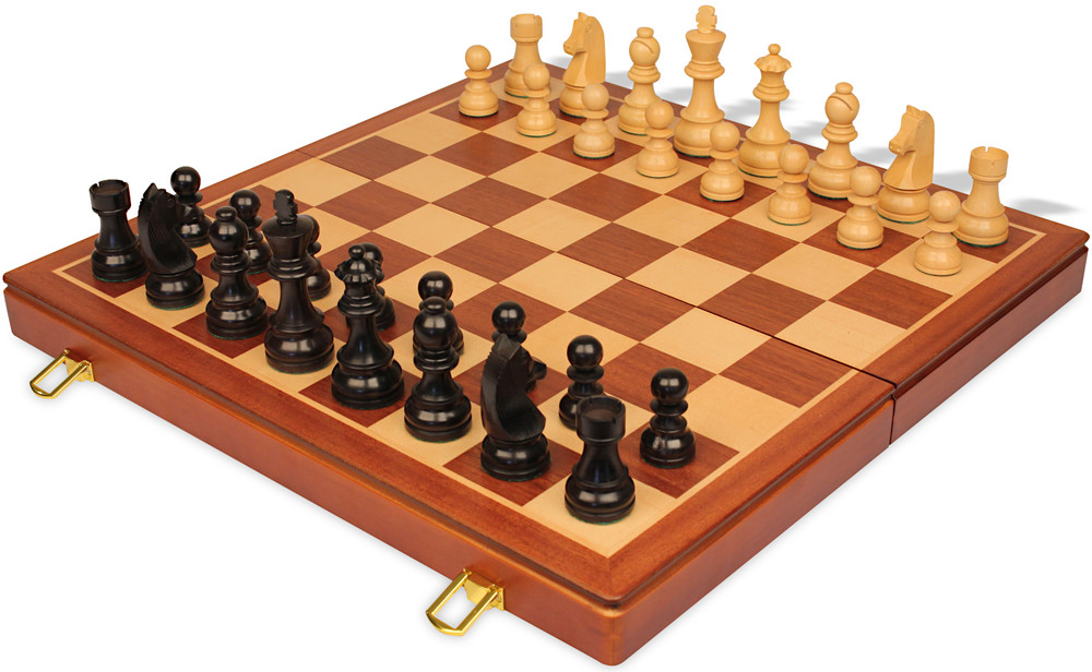 German Knight Staunton Chess Set - Ebonized & Boxwood Pieces - Mahogany Folding Case - 3.75" King