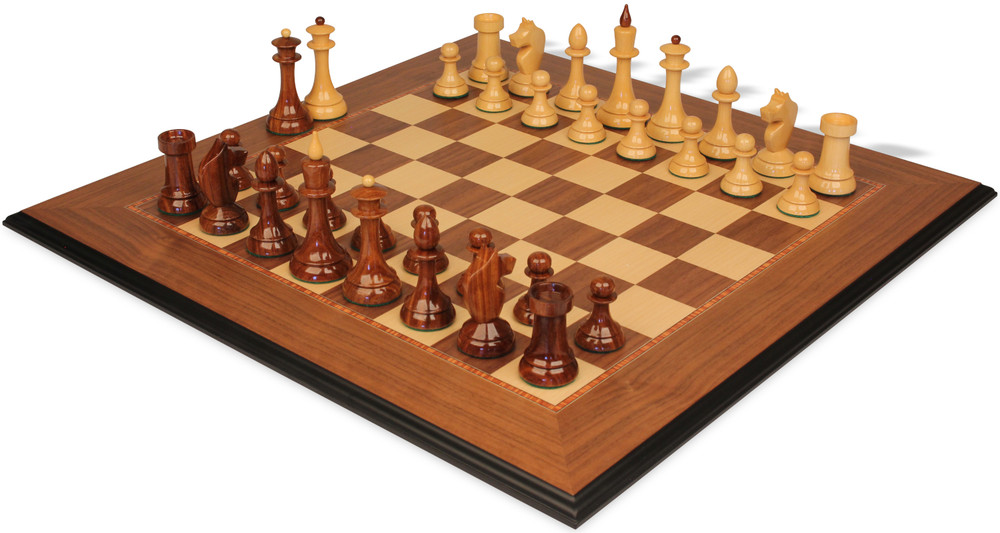 Queen's Gambit Final Game Chess Set - Golden Rosewood & Boxwood Pieces - Walnut Molded Edge Chess Board - 4" King