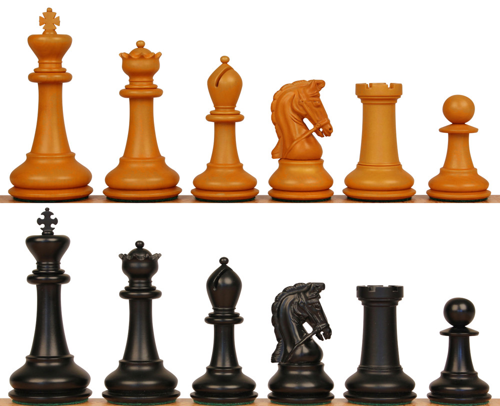 Sultan Series Chess Set - Ebony & Antiqued Boxwood Pieces with Coffer - 4.5" King