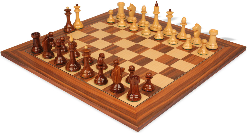 Queen's Gambit Final Game Chess Set - Golden Rosewood & Boxwood Pieces - Santos Rosewood Chess Board - 4" King