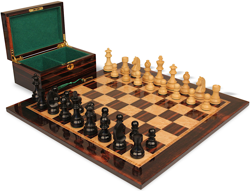 German Knight Prestige Chess Set - Ebonized  & Boxwood Pieces - Macassar Ebony& Bird's-Eye Maple Chess Board & Box - 3.25" King