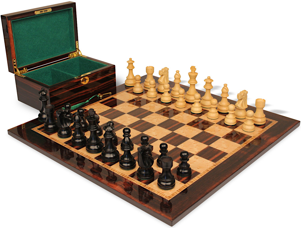 French Lardy Staunton Chess Set - Ebonized & Boxwood Pieces - Macassar & Bird's-Eye Maple Board & Box - 2.75" King