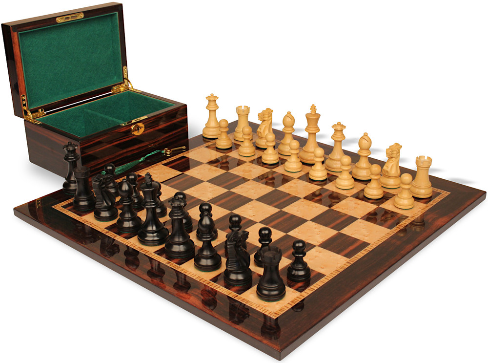 Parker Staunton Chess Set - Ebonized & Boxwood Pieces - Macassar & Bird's-Eye Maple Chess Board & Box - 3.75" King