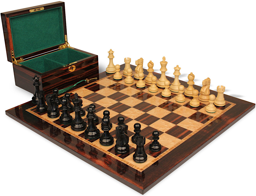 Deluxe Old Club Series Chess Set - Ebonized & Natural Boxwood Pieces - Macassar & Bird's-Eye Maple Chess Board & Box - 3.25" King