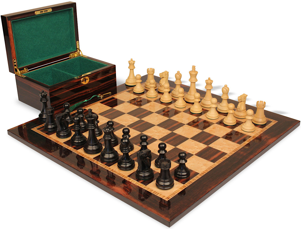 Reykjavik Series Chess Set - Ebonized & Natural Boxwood Pieces - Macassar & Bird's-Eye Maple Chess Board & Box - 3.25" King