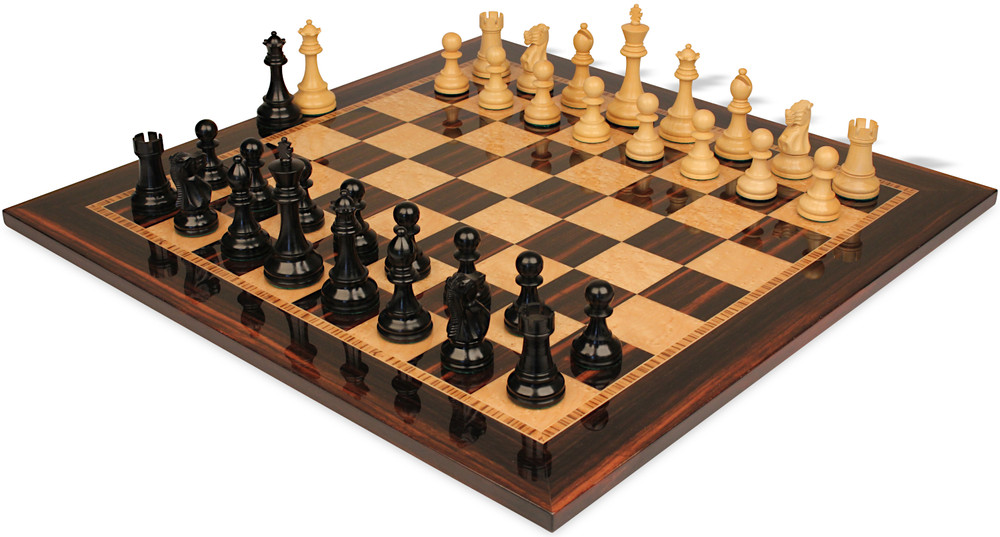 British Staunton Chess Set - Ebonized & Natural Boxwood Pieces - Macassar & Bird's-Eye Maple Chess Board - 3.5" King