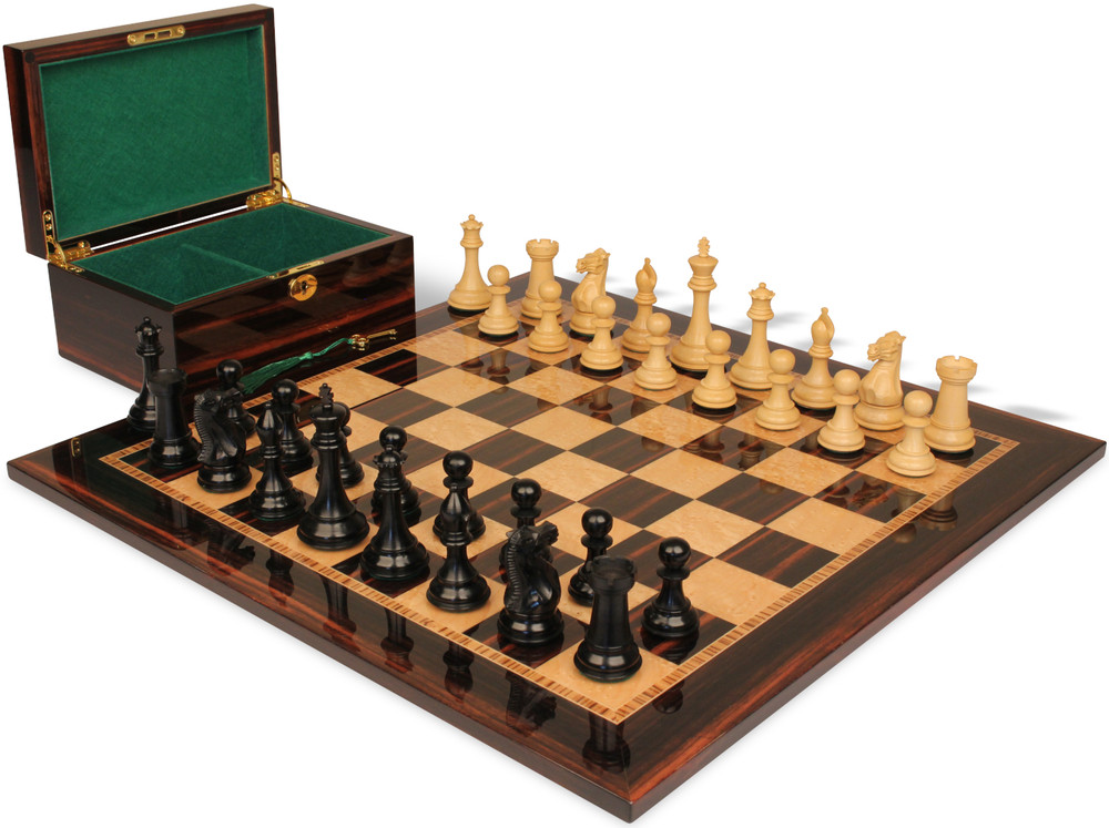 New Exclusive Series Chess Set - Ebonized & Natural Boxwood Pieces - Macassar & Bird's-Eye Maple Chess Board & Box - 3" King