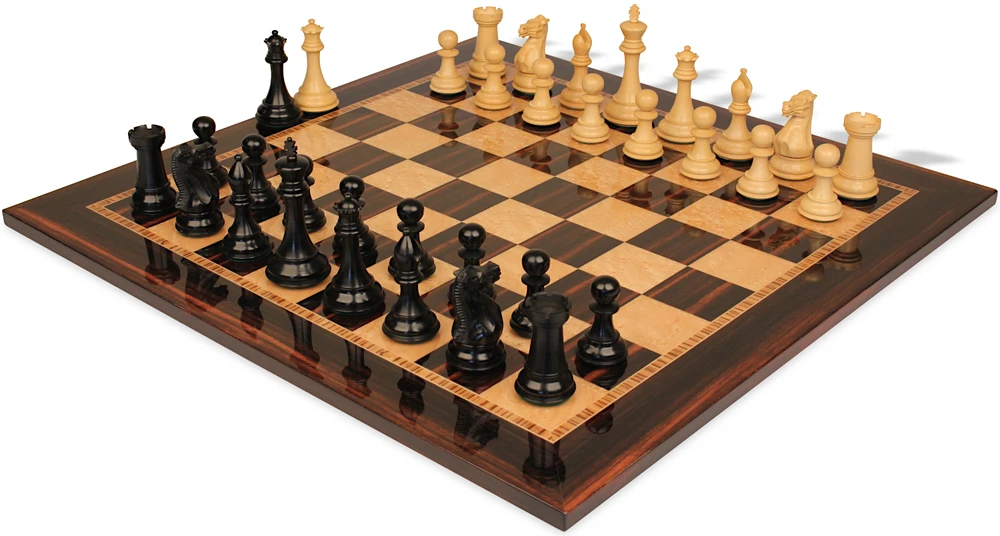 New Exclusive Series Chess Set - Ebony & Boxwood Pieces - Macassar & Bird's-Eye Maple Chess Board - 4" King
