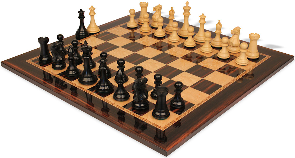 New Exclusive Series Chess Set - Ebonized & Natural Boxwood Pieces - Macassar & Bird's-Eye Maple Chess Board - 4" King