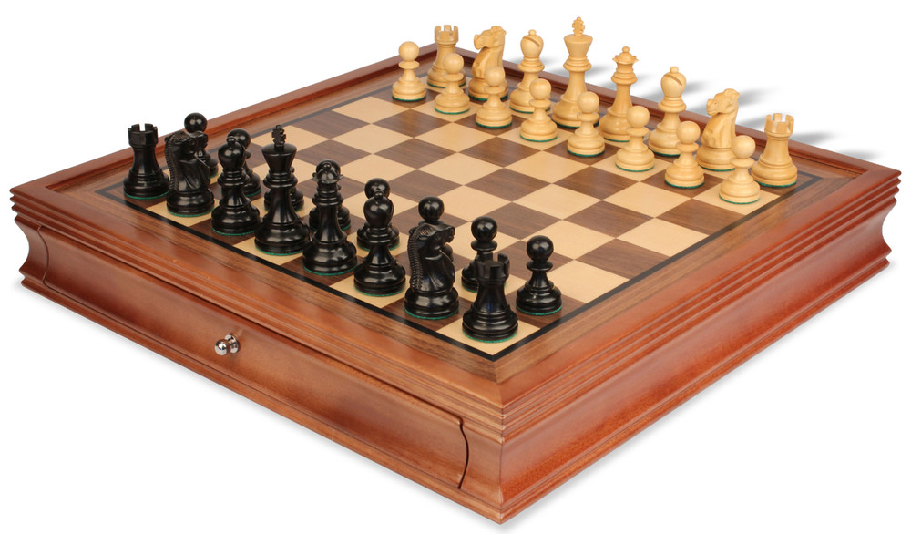 Deluxe Old Club Staunton Chess Set Ebonized & Boxwood Pieces with Walnut Chess Case - 3.25" King