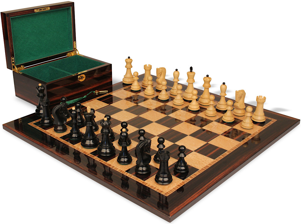 Zagreb Series Chess Set - Ebonized & Natural Boxwood Pieces - Macassar & Bird's-Eye Maple Chess Board & Box - 3.325" King