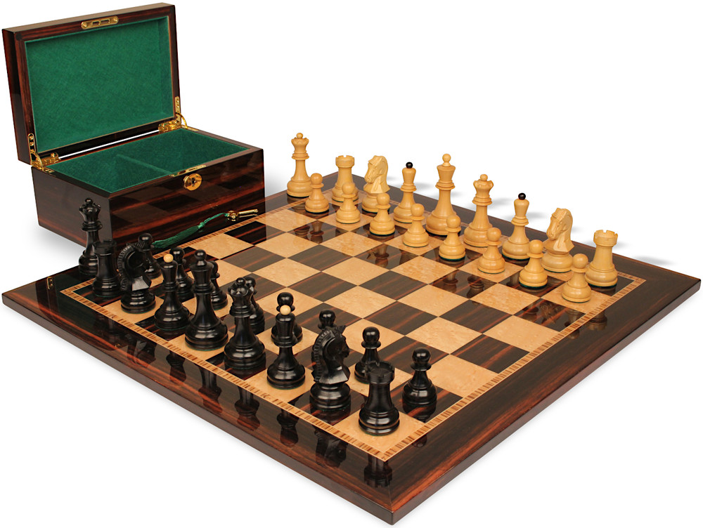 Dubrovnik Series Chess Set - Ebonized & Natural Boxwood Pieces - Macassar & Bird's-Eye Maple Chess Board & Box - 3.9" King