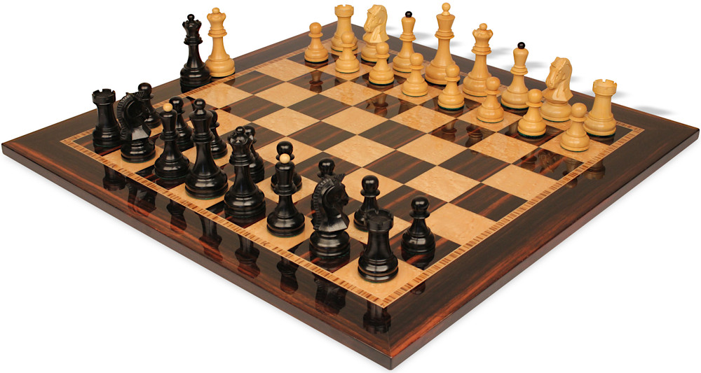Dubrovnik Series Chess Set - Ebonized & Boxwood Pieces - Macassar & Bird's-Eye Maple Chess Board - 3.9" King