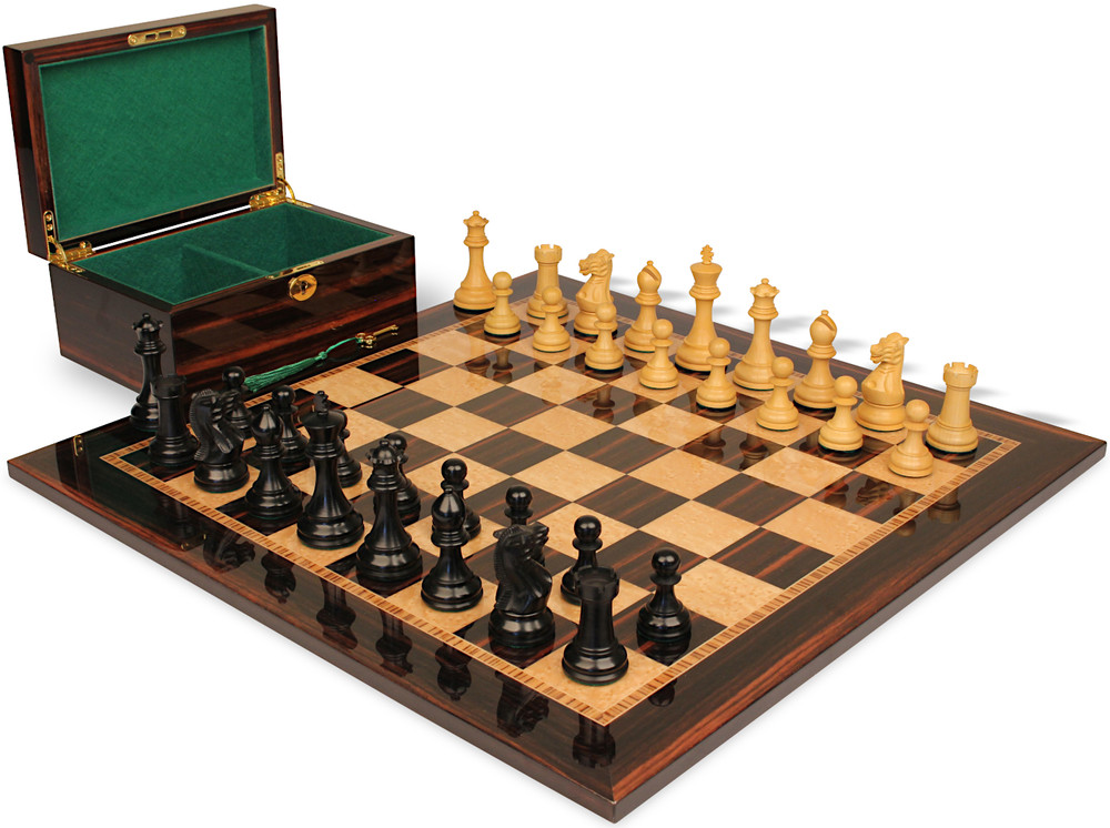 Old English Classic Staunton Chess Set - Ebony & Boxwood Pieces - Macassar & Bird's-Eye Maple Chess Board & Box - 3.9" King