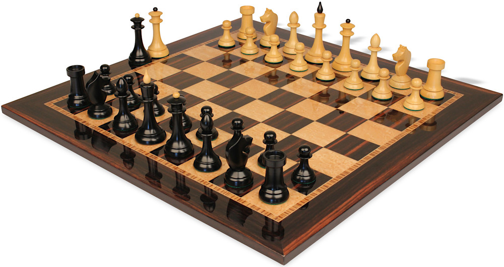 Queen's Gambit Final Match Chess Set - Ebonized & Natural Boxwood Pieces - Macassar & Bird's-Eye Maple Chess Board - 4" King