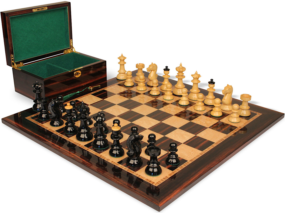 Vienna Coffee House Antique Reproduction Chess Set - Black & Boxwood Lacquered Pieces - Macassar & Bird's-Eye Maple Board & Box - 4" King