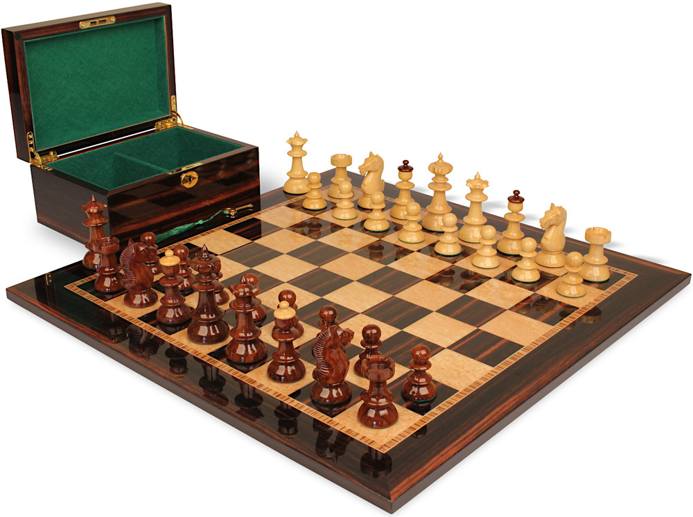 Vienna Coffee House Antique Reproduction Chess Set - Golden Rosewood & Boxwood Lacquered Pieces - Macassar & Bird's-Eye Maple Board & Box - 4" King