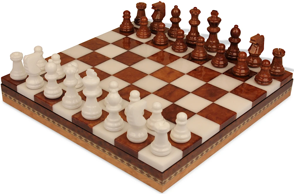 Scali Alabaster Chess Set with Storage Tray - Brown & White - 15"