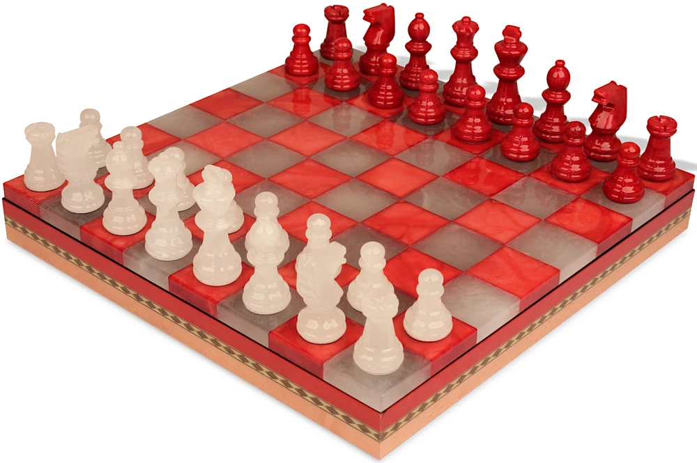 Scali Alabaster Chess Set with Storage Tray - Red & White - 15"