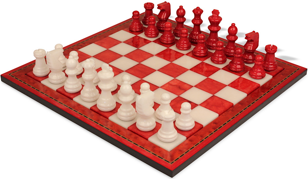 Scali Alabaster Chess Set with Deluxe Frame - Red & White - 15"
