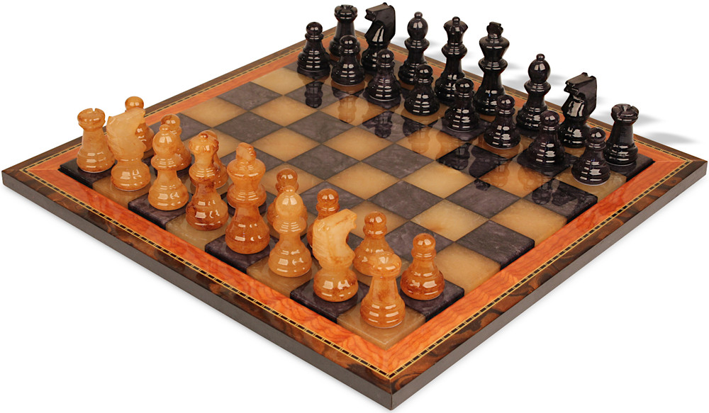 Scali Alabaster Chess Set with Deluxe Frame - Black & Agate - 15"