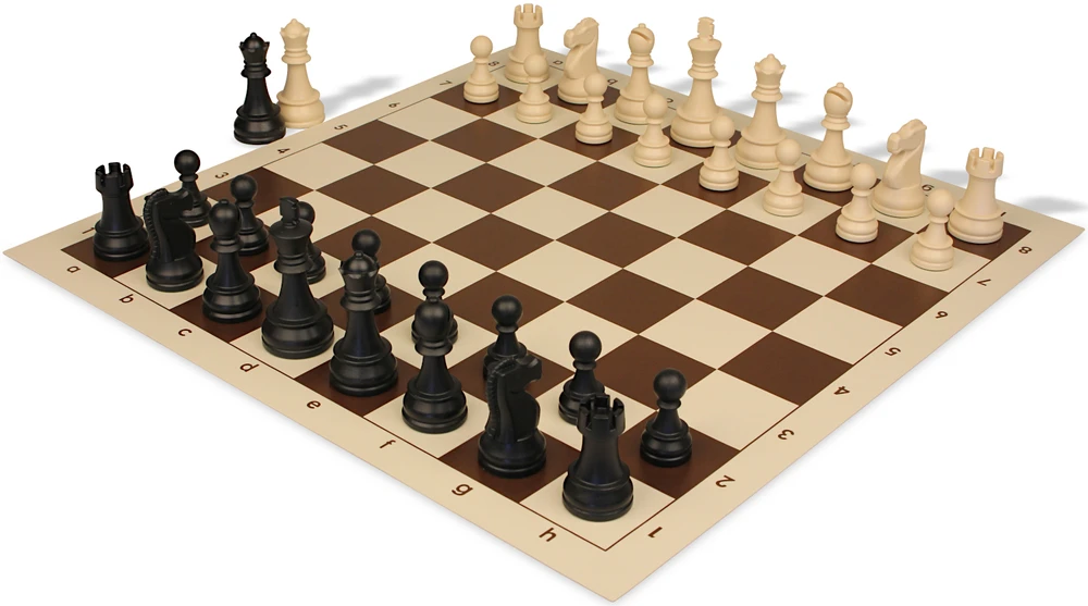 Deluxe Old Club Plastic Chess Set - Black & Ivory Pieces with Vinyl Rollup Board - Brown