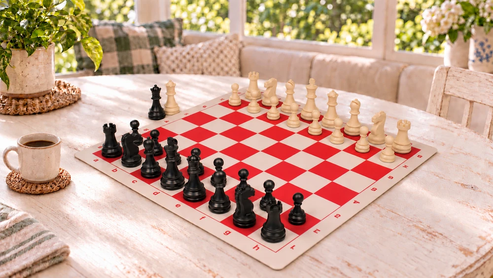 Deluxe Old Club Plastic Chess Set - Black & Ivory Pieces with Vinyl Rollup Board - Red
