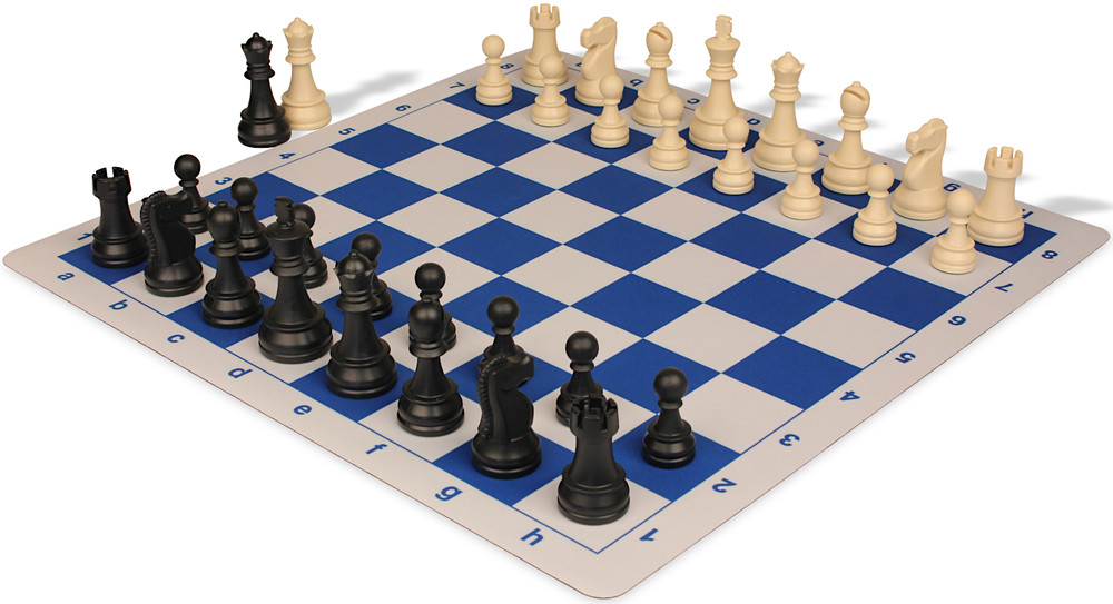 Deluxe Old Club Plastic Chess Set - Black & Ivory Pieces with Floppy Chess Board - Blue