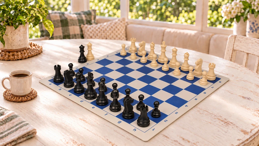 Deluxe Old Club Plastic Chess Set - Black & Ivory Pieces with Floppy Chess Board - Blue