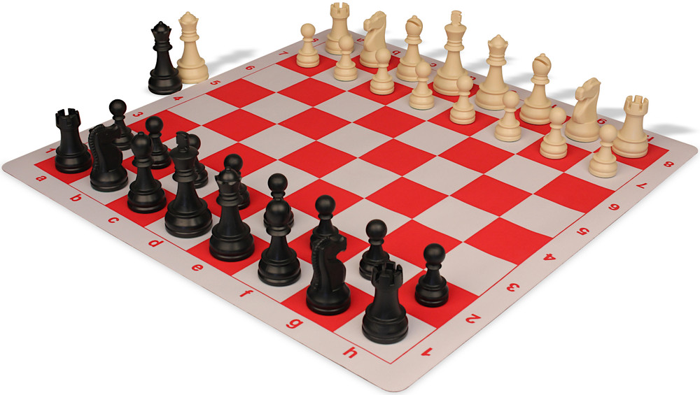Deluxe Old Club Plastic Chess Set - Black & Ivory Pieces with Floppy Chess Board - Red