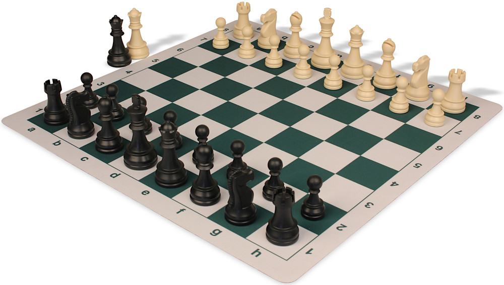 Deluxe Old Club Triple-Weighted Plastic Chess Set - Black & Ivory Pieces with Floppy Chess Board - Green