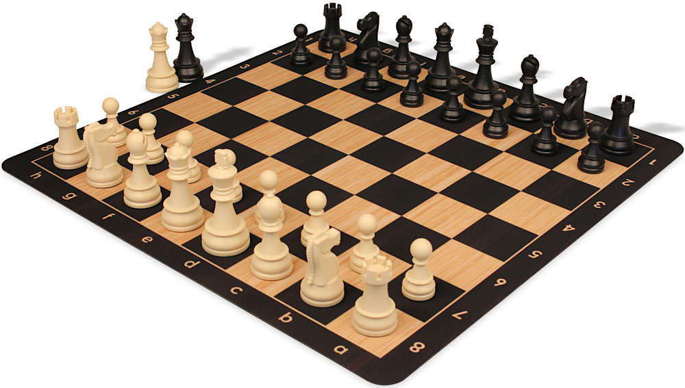Deluxe Old Club Plastic Chess Set - Black & Ivory Pieces with Macassar Ebony & Maple Floppy Chess Board