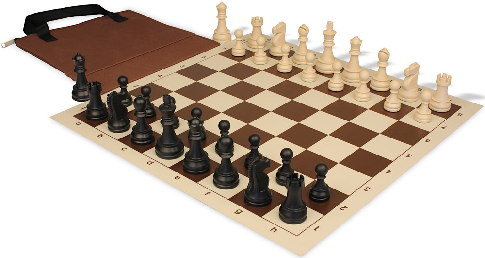 Deluxe Old Club Easy-Carry Plastic Chess Set - Black & Ivory Pieces with Vinyl Rollup Board - Brown