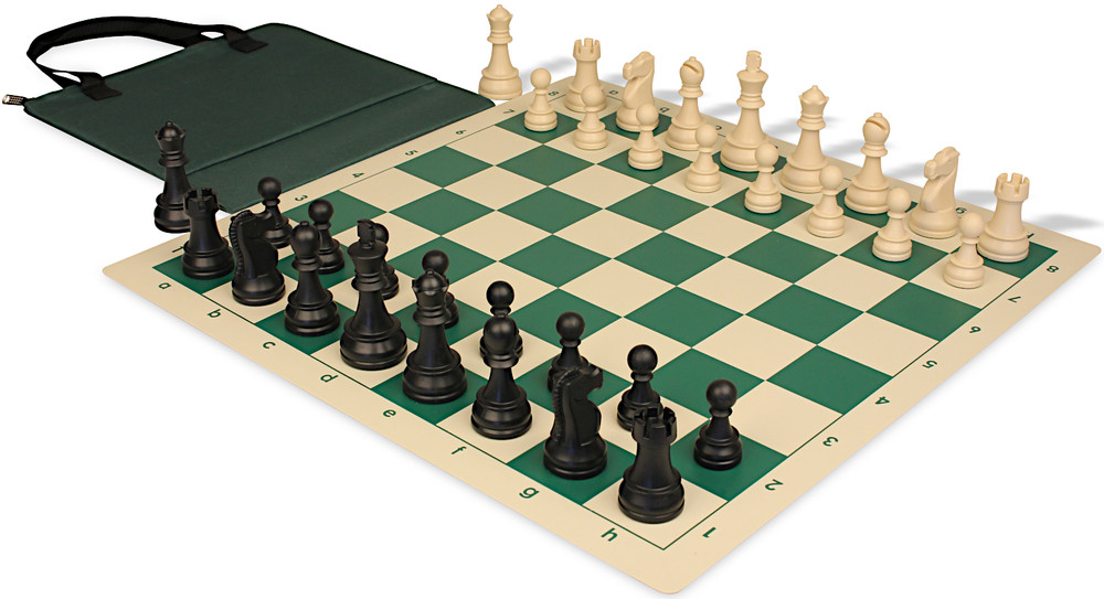 Deluxe Old Club Easy-Carry Plastic Chess Set - Black & Ivory Pieces with Vinyl Rollup Board - Green
