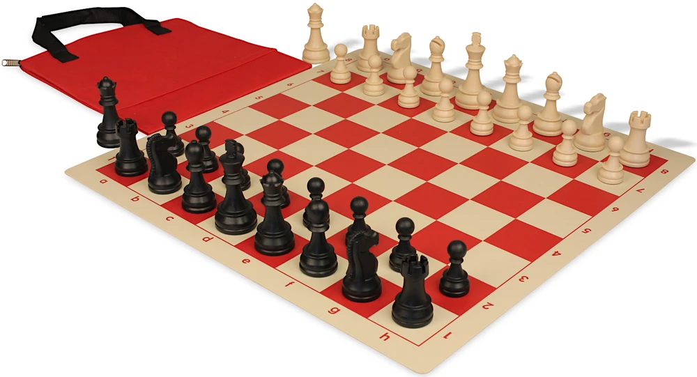 Deluxe Old Club Easy-Carry Plastic Chess Set - Black & Ivory Pieces with Vinyl Rollup Board - Red