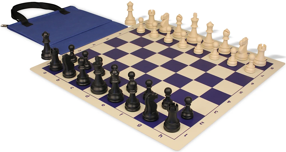 Deluxe Old Club Easy-Carry Triple Weighted Plastic Chess Set - Black & Ivory Pieces with Vinyl Rollup Board - Blue