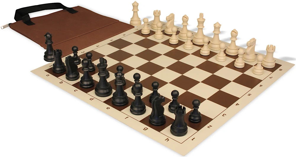 Deluxe Old Club Easy-Carry Triple Weighted Plastic Chess Set - Black & Ivory Pieces with Vinyl Rollup Board - Brown