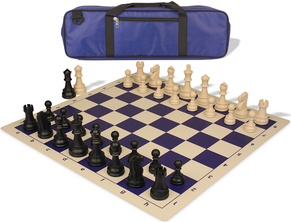 Deluxe Old Club Carry-All Triple Weighted Plastic Chess Set - Black & Ivory Pieces with Vinyl Rollup Board - Blue