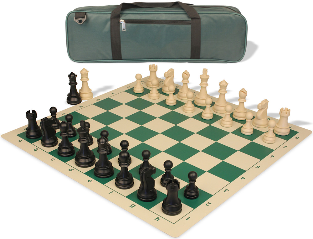 Deluxe Old Club Carry-All Triple Weighted Plastic Chess Set - Black & Ivory Pieces with Vinyl Rollup Board - Green