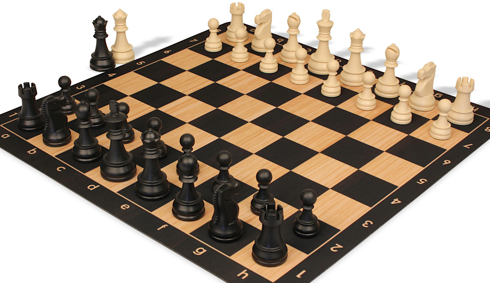 Deluxe Old Club Triple-Weighted Plastic Chess Set - Black & Ivory Pieces with Macassar Ebony & Maple Floppy Chess Board