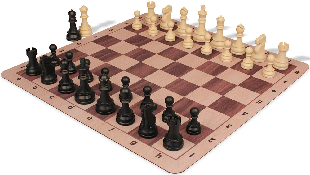 Deluxe Old Club Triple-Weighted Plastic Chess Set - Black & Ivory Pieces with Walnut & Maple Floppy Chess Board