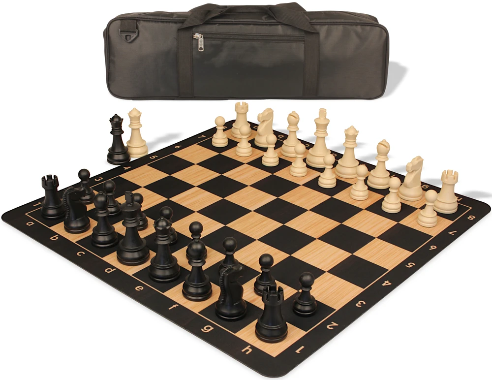 Deluxe Old Club Carry-All Triple-Weighted Plastic Chess Set - Black & Ivory Pieces with Macassar Ebony & Maple Floppy Chess Board - Black