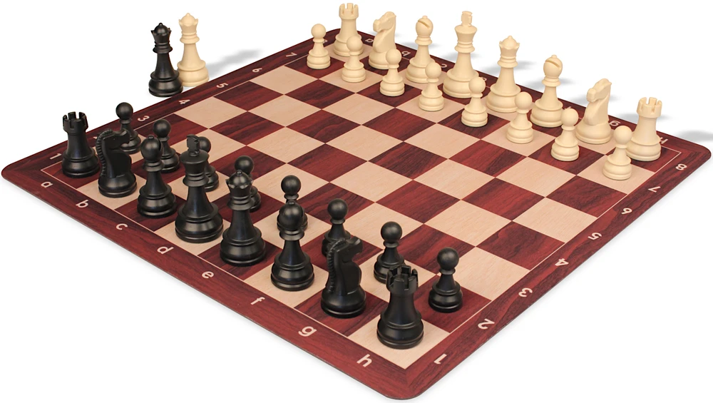 Deluxe Old Club Carry-All Triple-Weighted Plastic Chess Set - Black & Ivory Pieces with Rosewood & Maple Floppy Chess Board - Black Bag