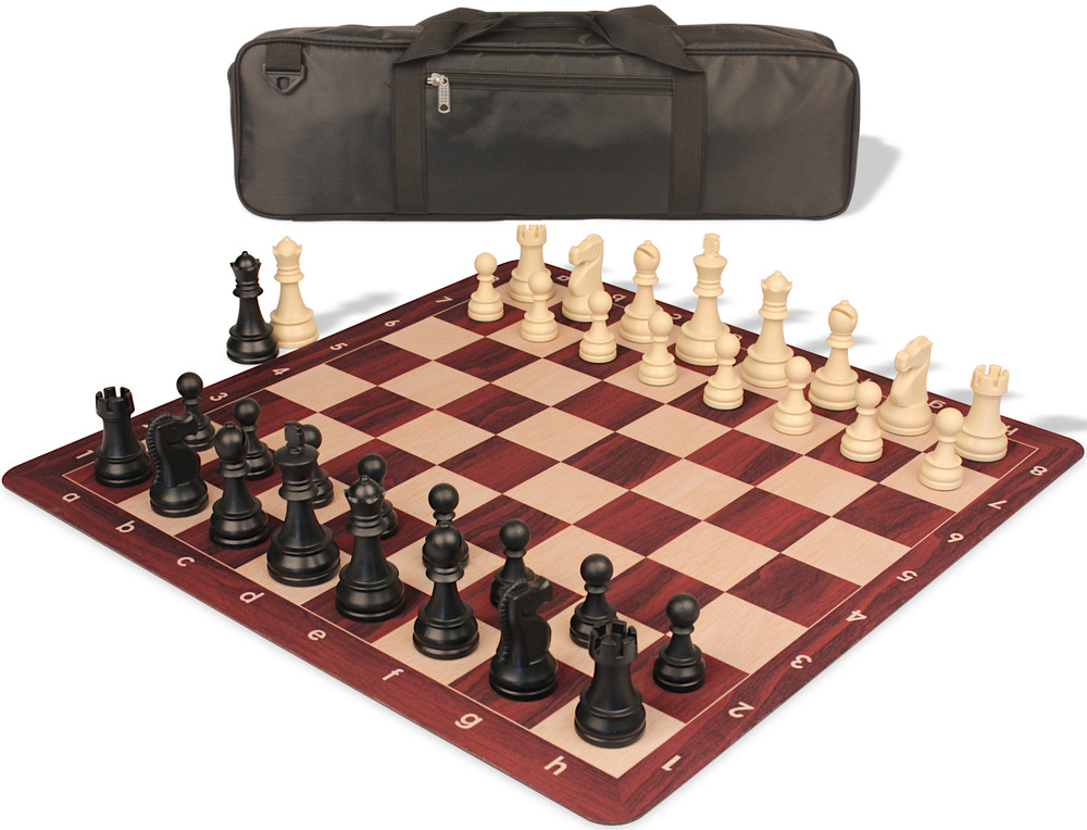 Deluxe Old Club Carry-All Triple-Weighted Plastic Chess Set - Black & Ivory Pieces with Rosewood & Maple Floppy Chess Board - Black Bag